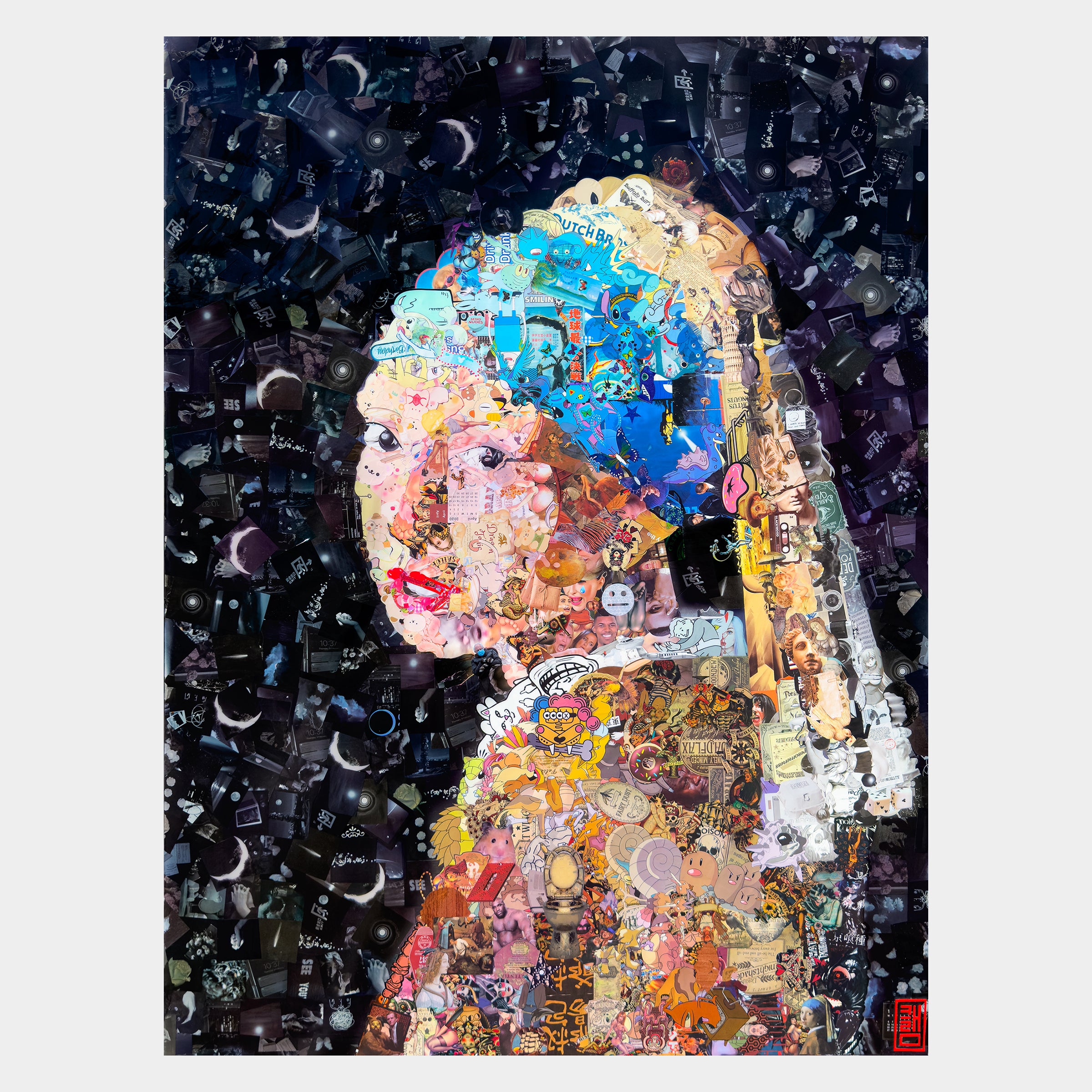 Pirl with a Gearl Earring by Clements Park — Hand-trimmed stickers on canvas, 40 x 30 in, 2023