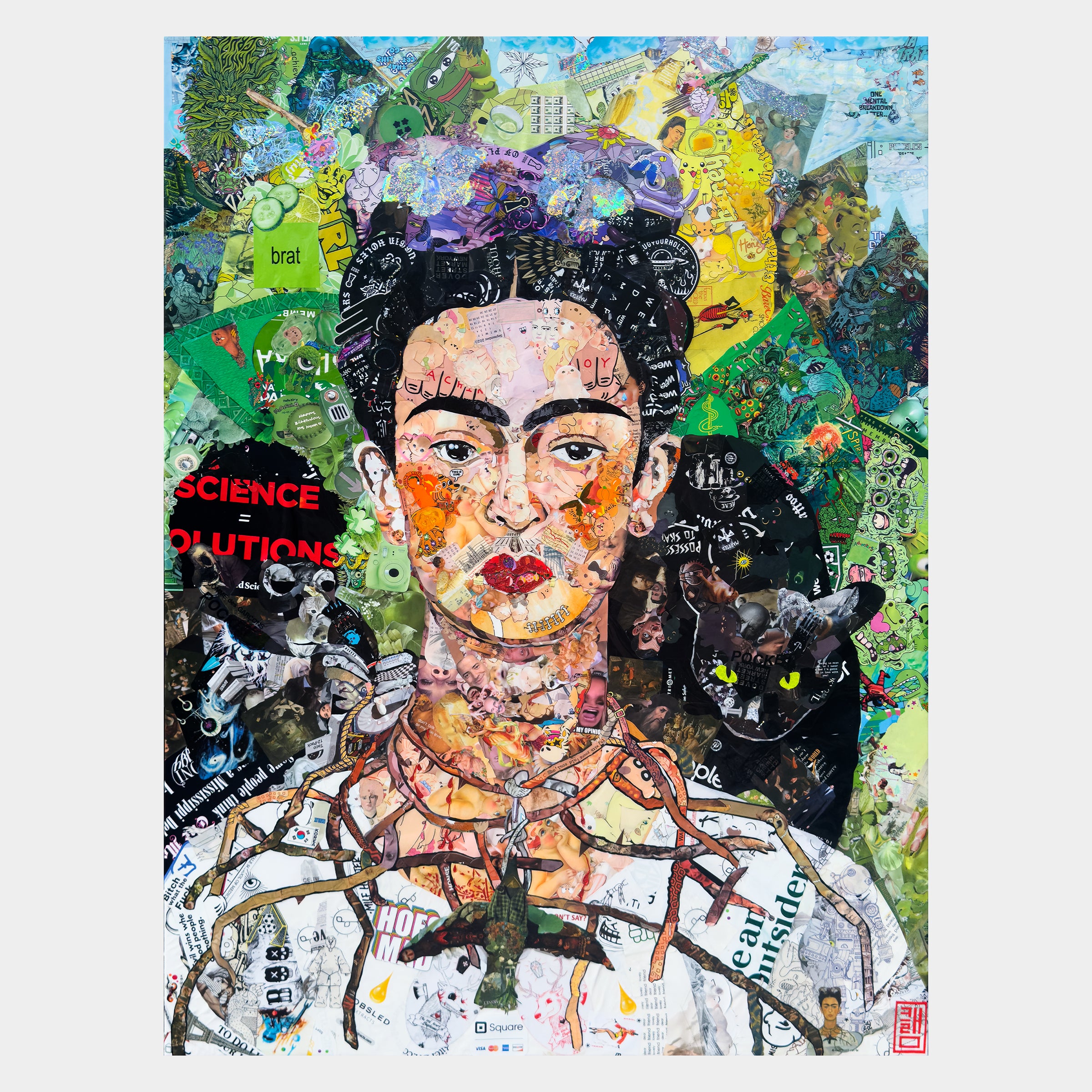 Portrait of Krida Fahlo by Clements Park — Hand-trimmed stickers on canvas, 40 x 30 in, 2024